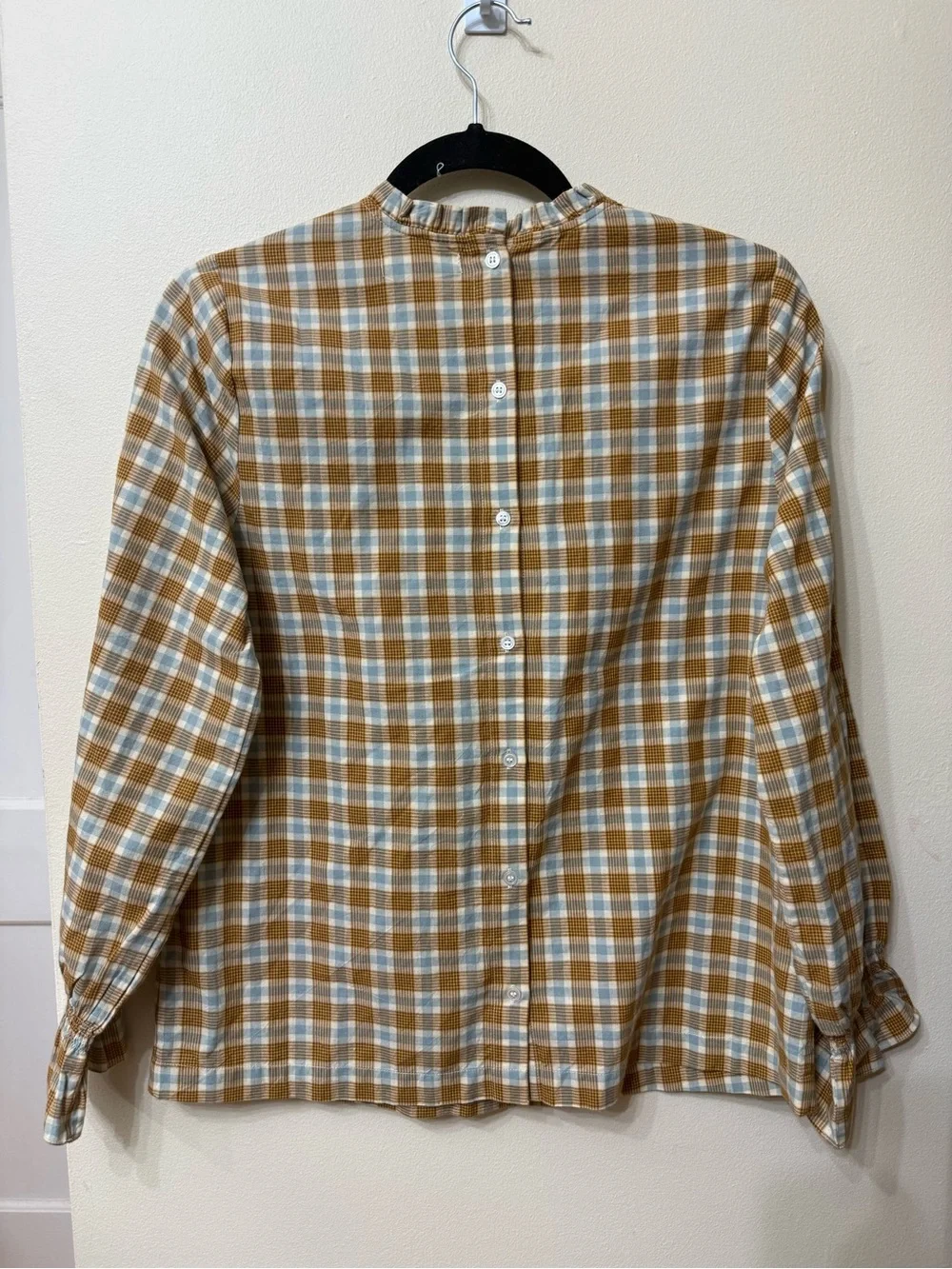 DOEN S Plaid Ruffle Neck Blouse Back Buttons Gathered Sleeves Whimsical Prairie
